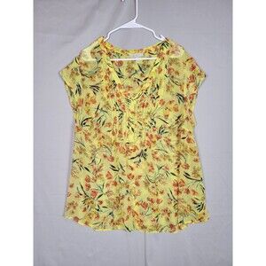 Pale Sky Semisheer Pleated Front Tunic Top Womens 2X Yellow Floral Flowy Bright